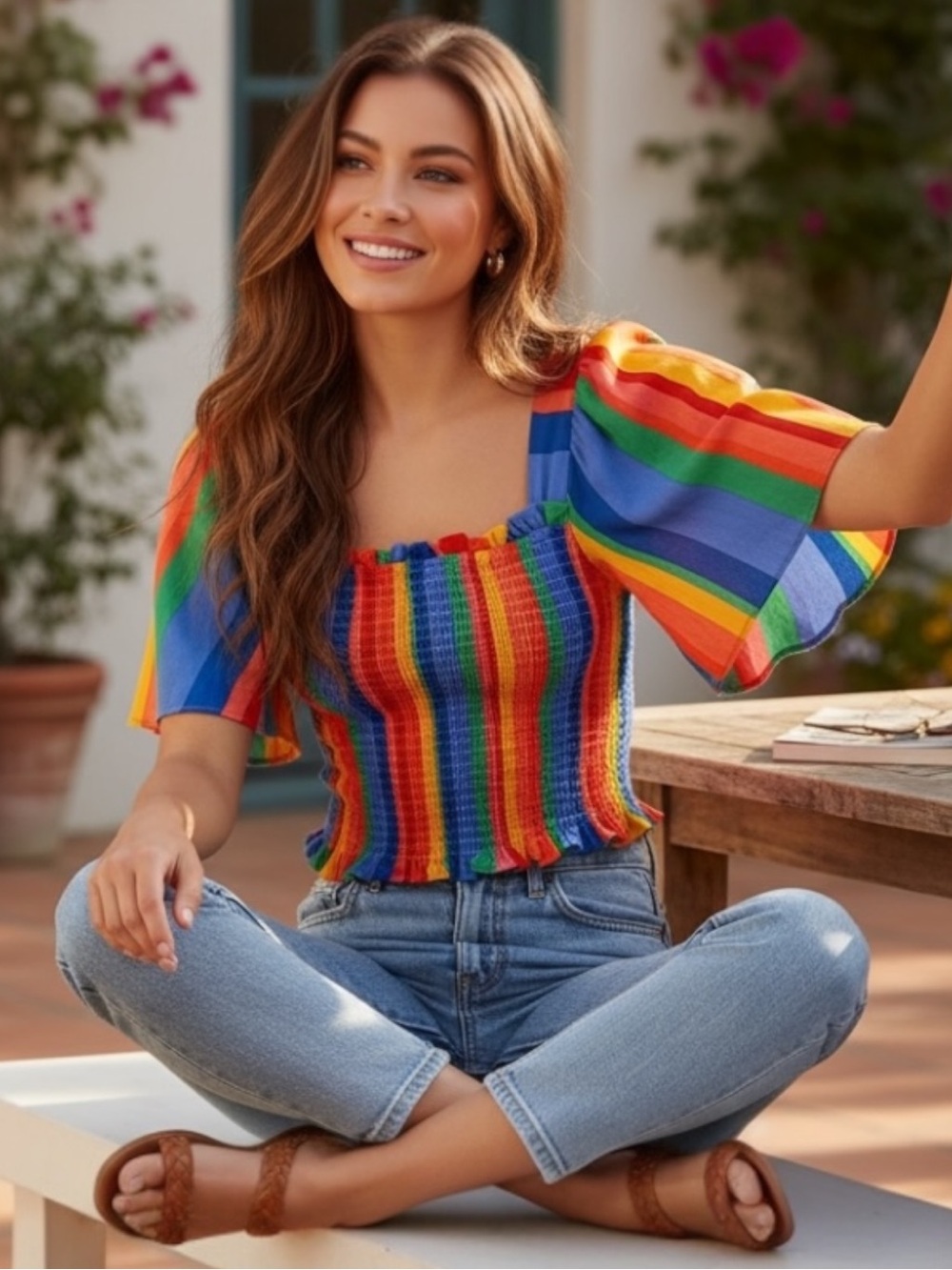 Gianni Bini Colorful Striped Smocked Crop Top